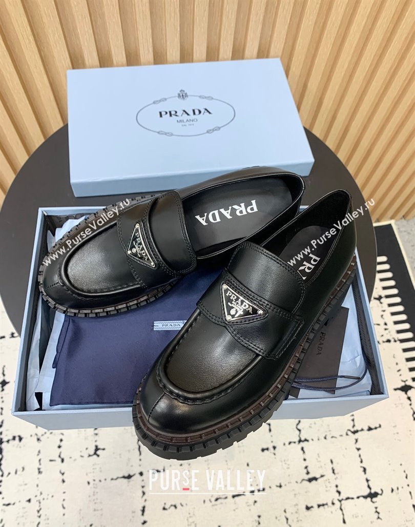 Prada Double Chocolate leather loafers 5cm Black 2024 PR101102 (KER-241011090)