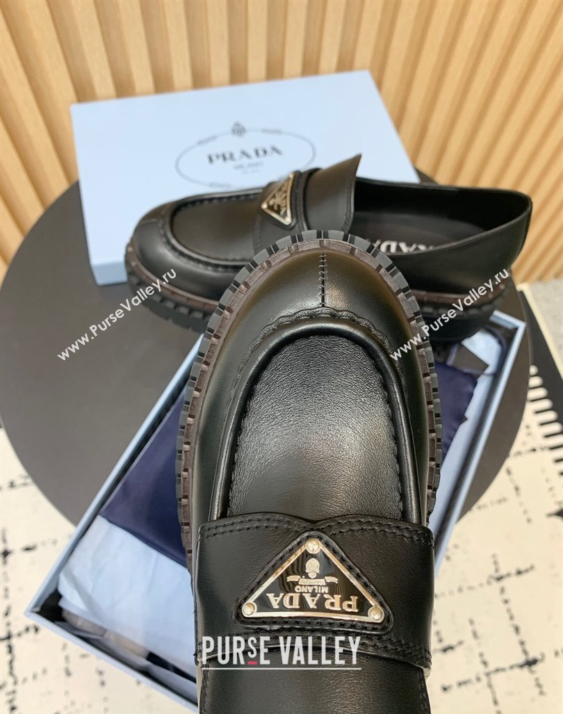 Prada Double Chocolate leather loafers 5cm Black 2024 PR101102 (KER-241011090)