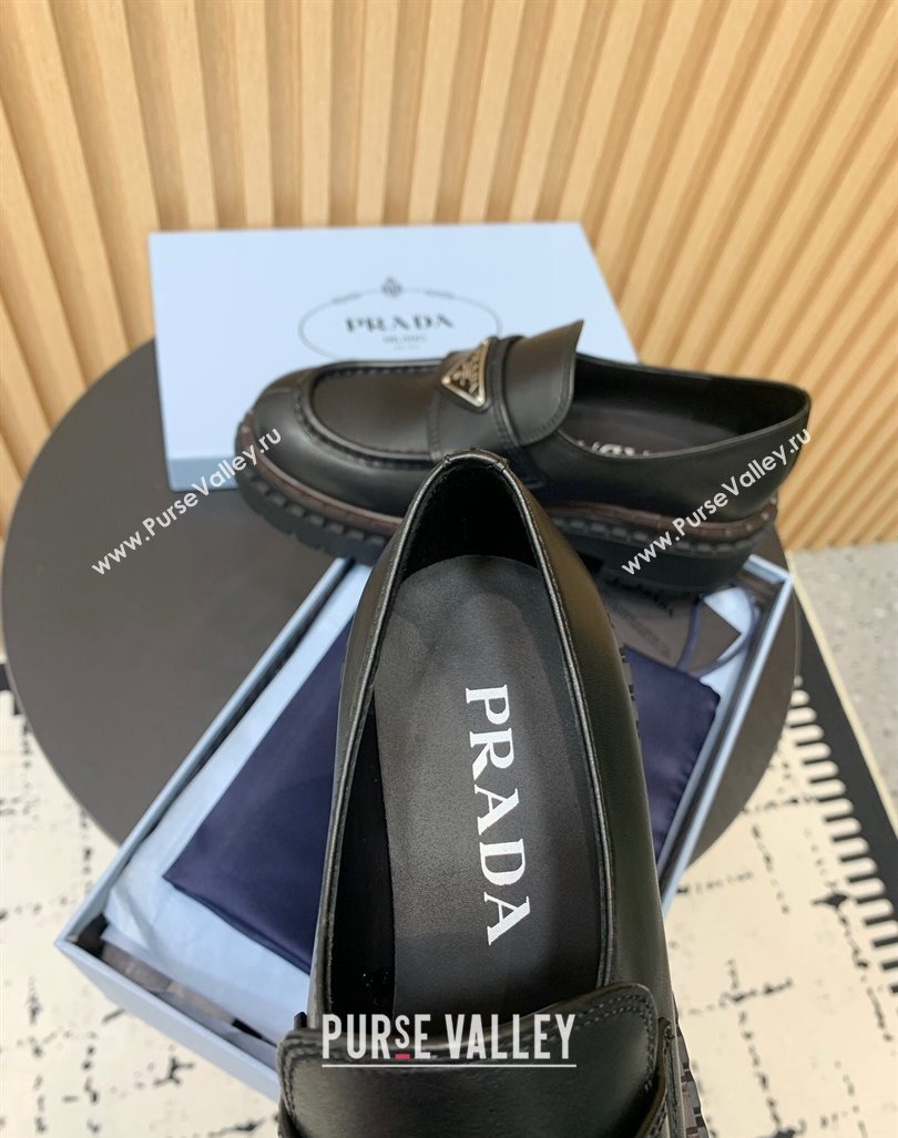 Prada Double Chocolate leather loafers 5cm Black 2024 PR101102 (KER-241011090)