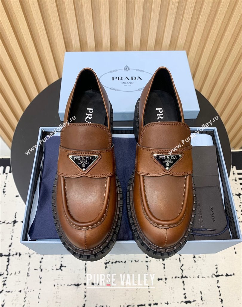 Prada Double Chocolate leather loafers 5cm Dark Brown 2024 PR101102 (KER-241011092)