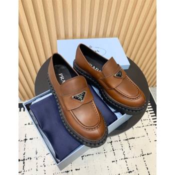 Prada Double Chocolate leather loafers 5cm Dark Brown 2024 PR101102 (KER-241011092)