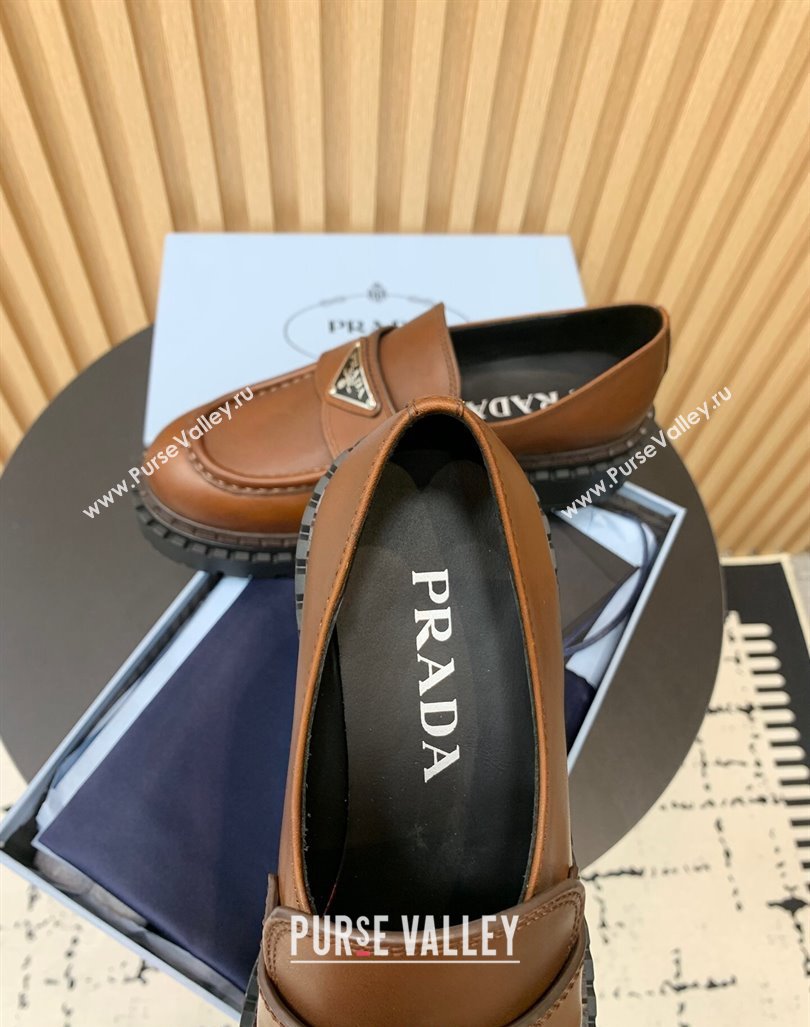 Prada Double Chocolate leather loafers 5cm Dark Brown 2024 PR101102 (KER-241011092)