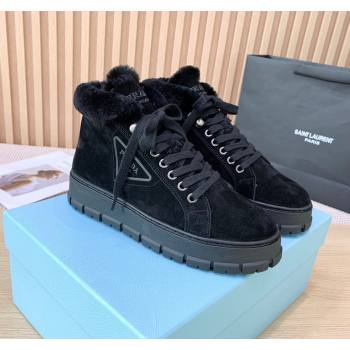 Prada Suede and Wool Platform High-top Sneakers 5cm Black PR090401 (KER-241011104)