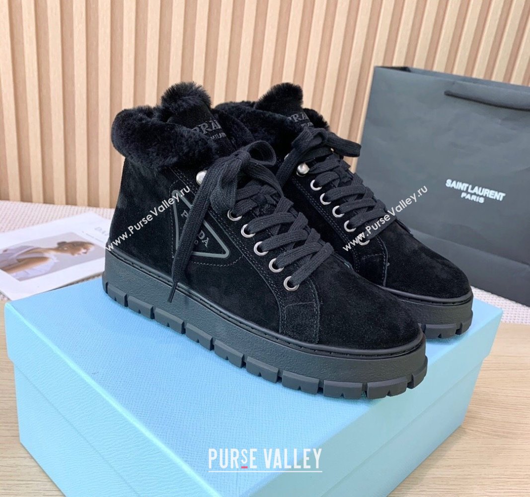 Prada Suede and Wool Platform High-top Sneakers 5cm Black PR090401 (KER-241011104)