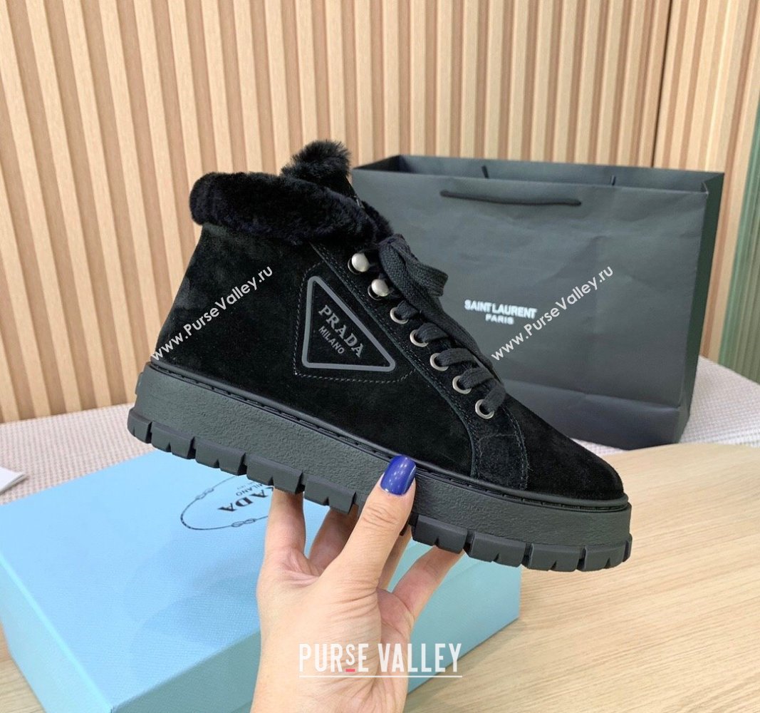 Prada Suede and Wool Platform High-top Sneakers 5cm Black PR090401 (KER-241011104)