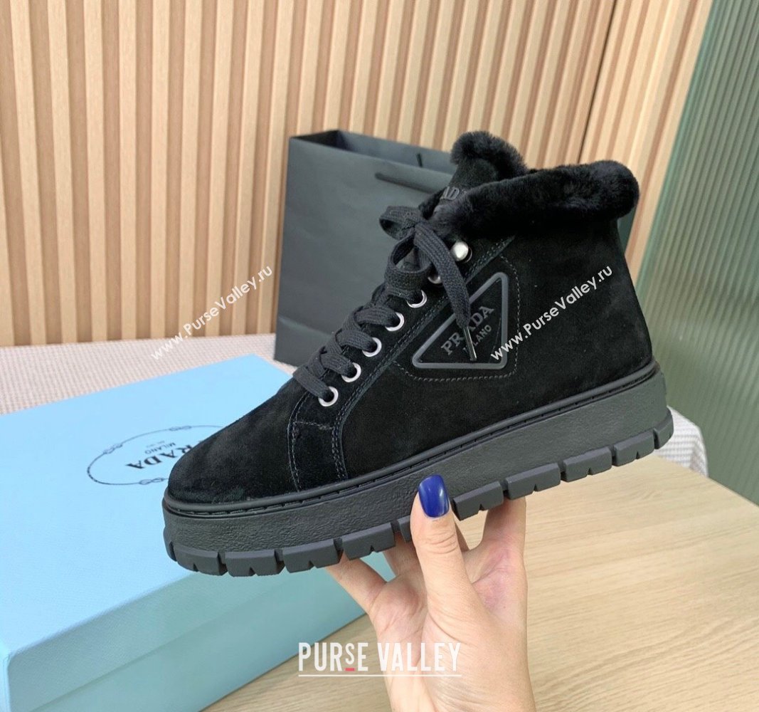 Prada Suede and Wool Platform High-top Sneakers 5cm Black PR090401 (KER-241011104)