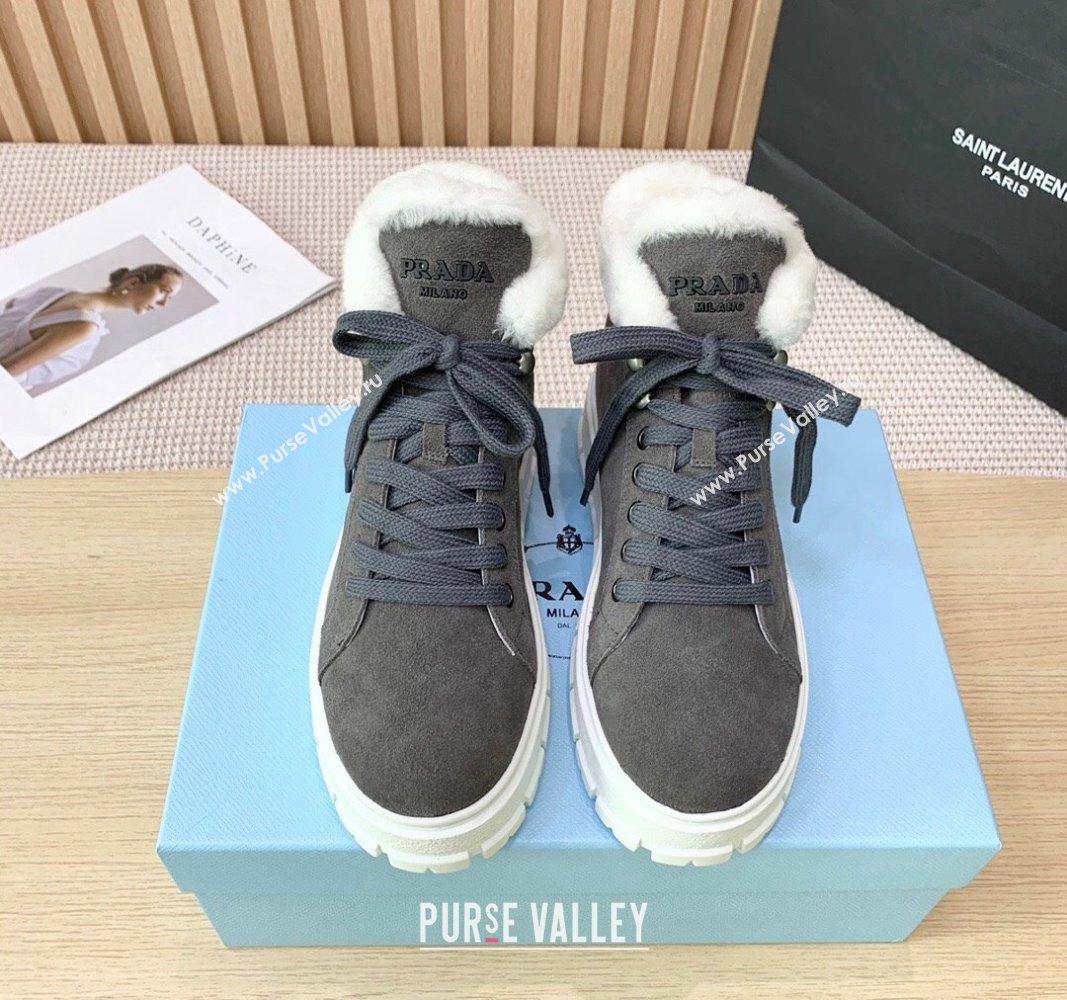 Prada Suede and Wool Platform High-top Sneakers 5cm Dark Grey PR090401 (KER-241011105)