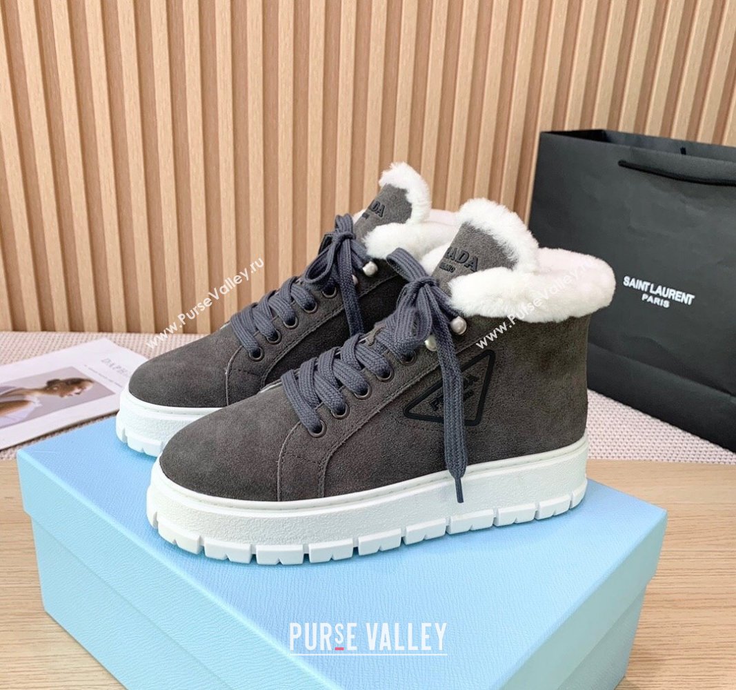 Prada Suede and Wool Platform High-top Sneakers 5cm Dark Grey PR090401 (KER-241011105)