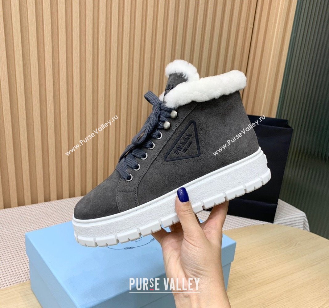 Prada Suede and Wool Platform High-top Sneakers 5cm Dark Grey PR090401 (KER-241011105)