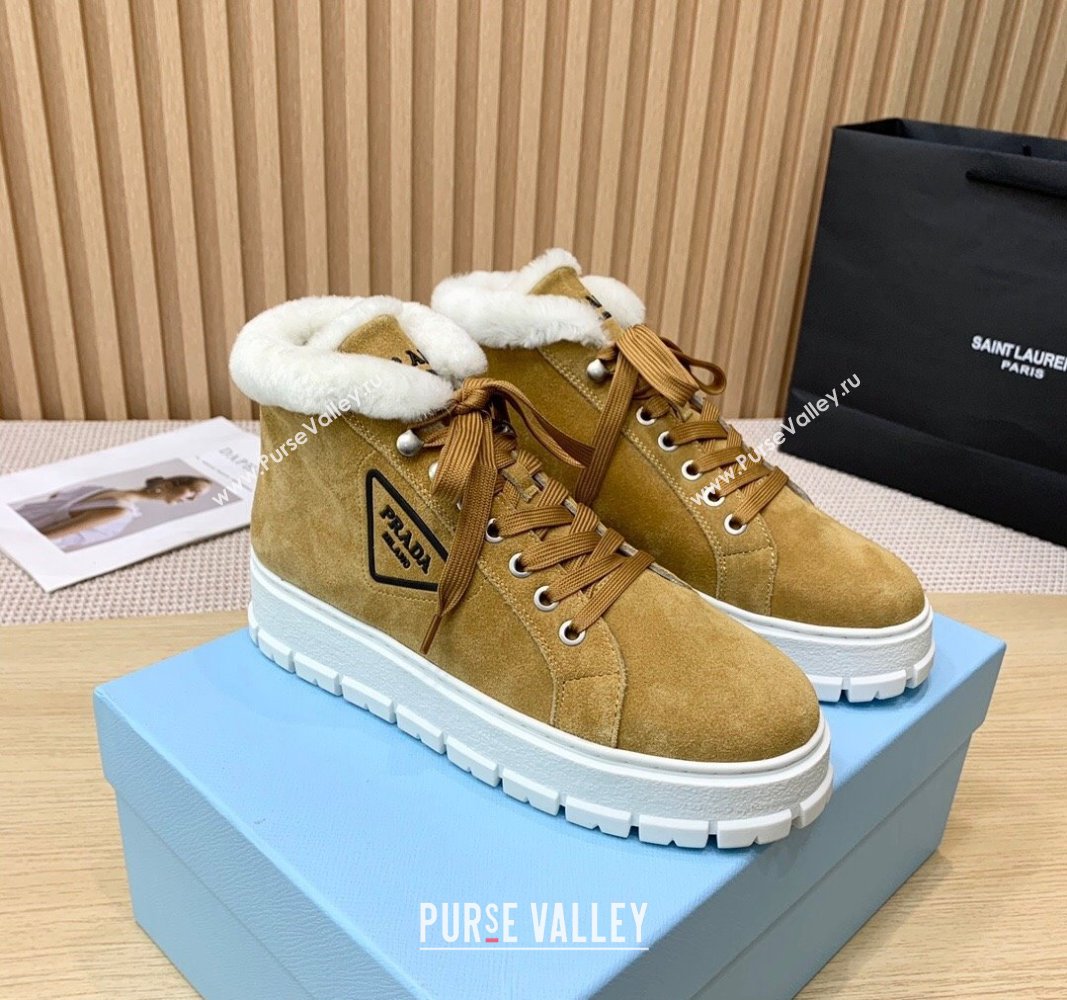 Prada Suede and Wool Platform High-top Sneakers 5cm Light Brown PR090401 (KER-241011106)