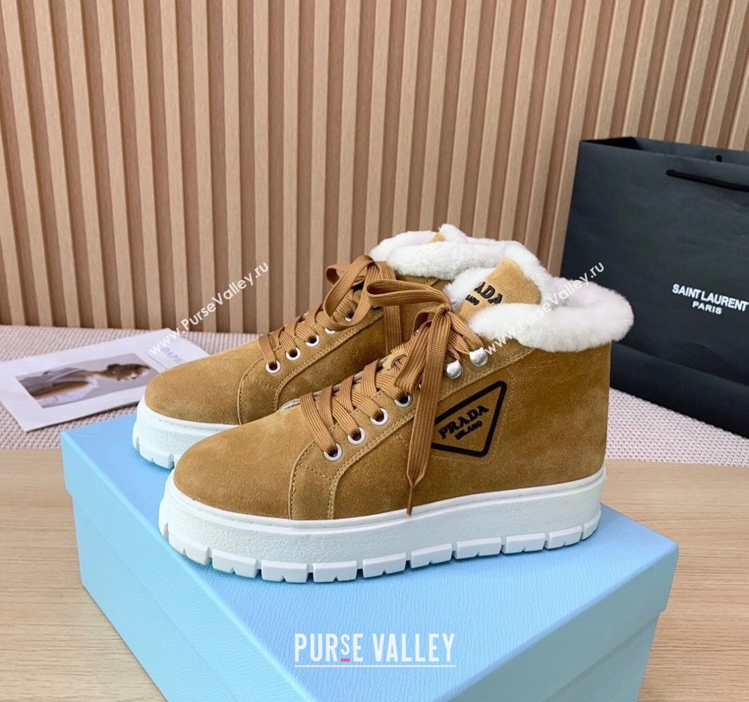 Prada Suede and Wool Platform High-top Sneakers 5cm Light Brown PR090401 (KER-241011106)