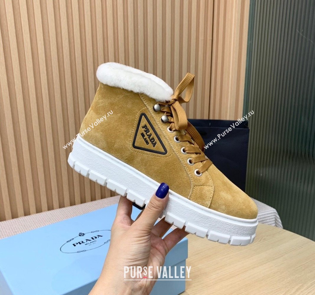 Prada Suede and Wool Platform High-top Sneakers 5cm Light Brown PR090401 (KER-241011106)