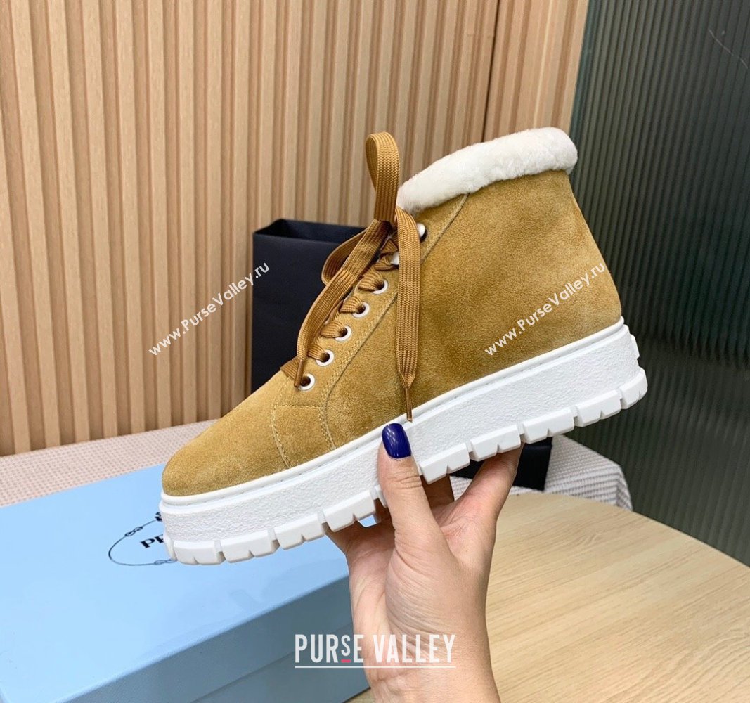 Prada Suede and Wool Platform High-top Sneakers 5cm Light Brown PR090401 (KER-241011106)