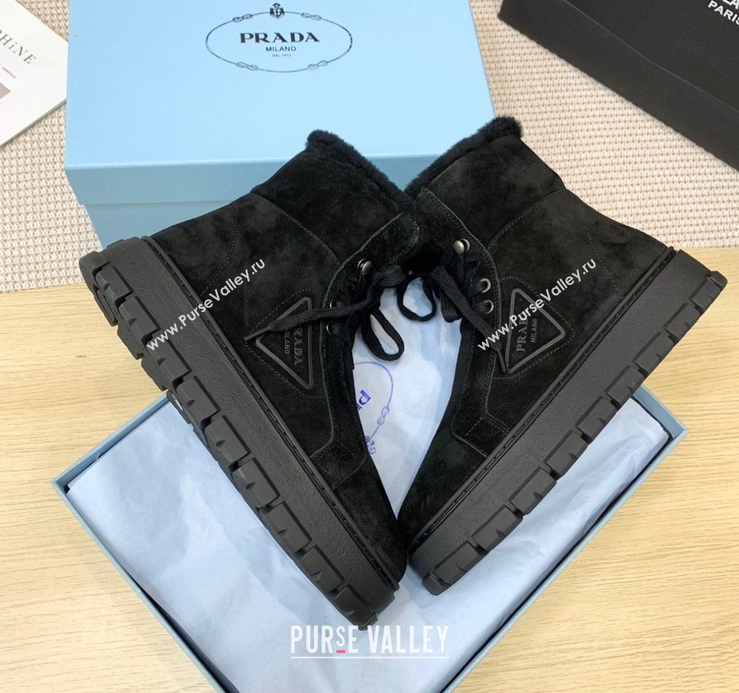 Prada Suede and Wool Laced up Ankle Boots 5cm Black PR090402 (KER-241011107)