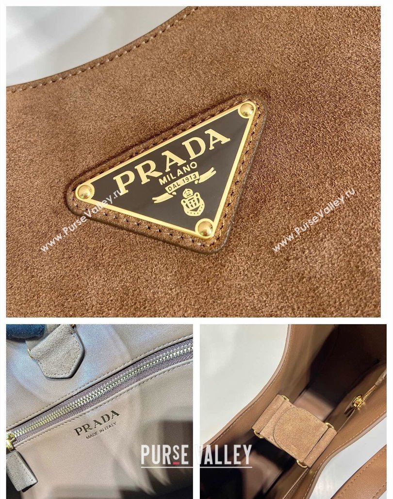 Prada Large suede hobo shoulder bag with topstitching Brown 1BC181 2024 (YZ-241031027)