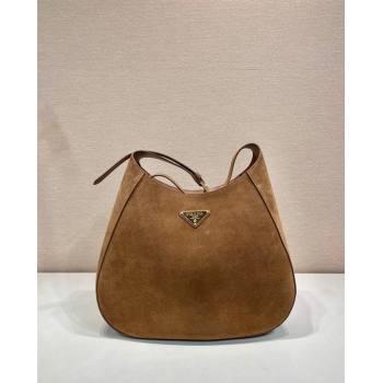 Prada Large suede hobo shoulder bag with topstitching Brown 1BC181 2024 (YZ-241031027)