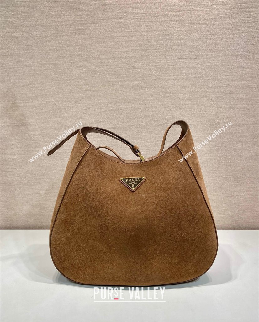 Prada Large suede hobo shoulder bag with topstitching Brown 1BC181 2024 (YZ-241031027)