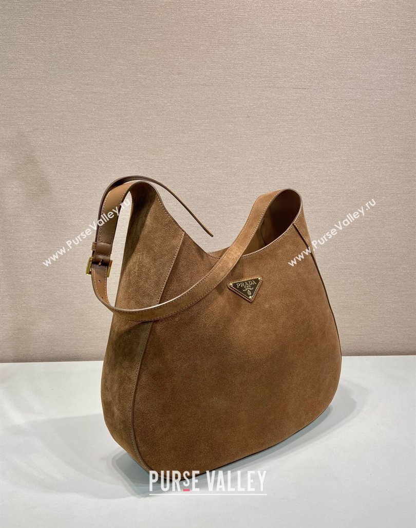 Prada Large suede hobo shoulder bag with topstitching Brown 1BC181 2024 (YZ-241031027)