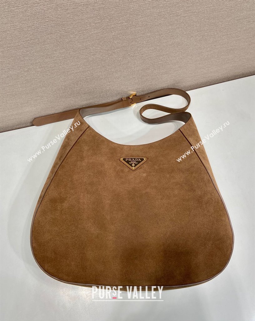 Prada Large suede hobo shoulder bag with topstitching Brown 1BC181 2024 (YZ-241031027)