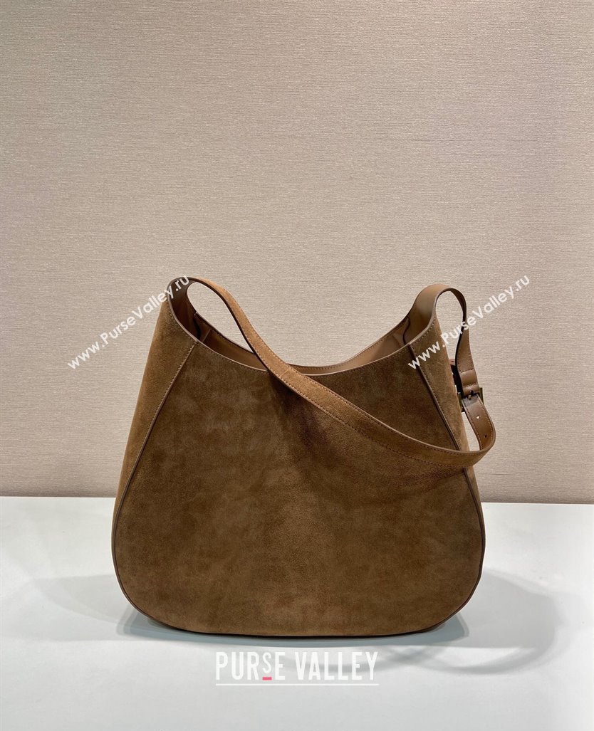 Prada Large suede hobo shoulder bag with topstitching Brown 1BC181 2024 (YZ-241031027)