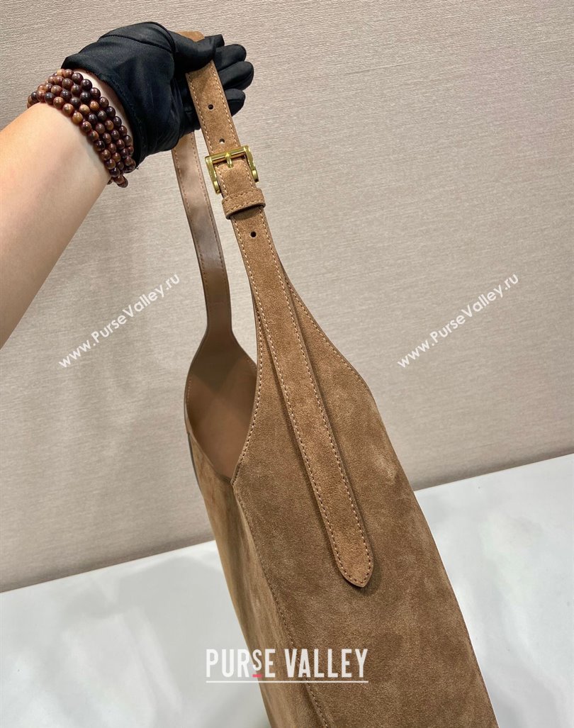 Prada Large suede hobo shoulder bag with topstitching Brown 1BC181 2024 (YZ-241031027)