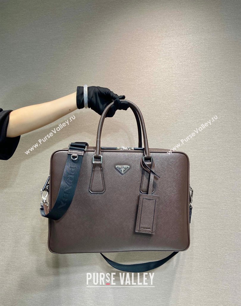 Prada Mens Saffiano leather briefcase bag Coffee Brown 2024 2VE022 (YZ-241031046)