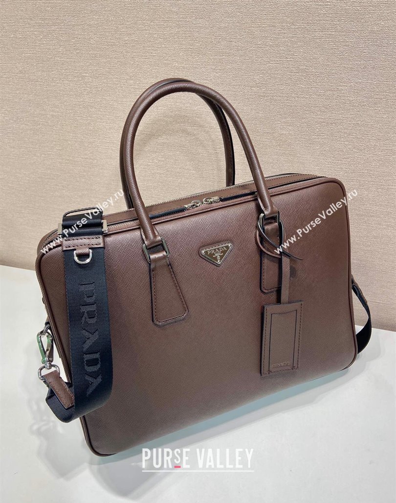 Prada Mens Saffiano leather briefcase bag Coffee Brown 2024 2VE022 (YZ-241031046)