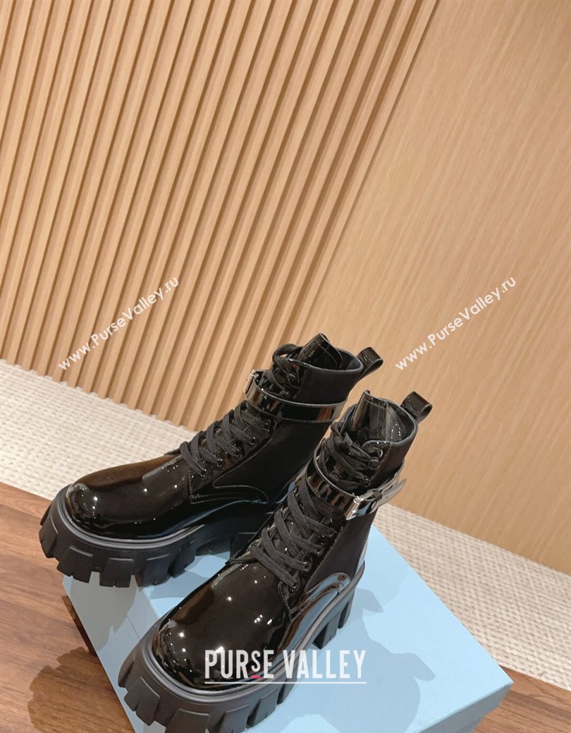 Prada Monolith Patent Leather and Nylon Platform Ankle Boots with Buckle Black 2024 (KL-241114125)