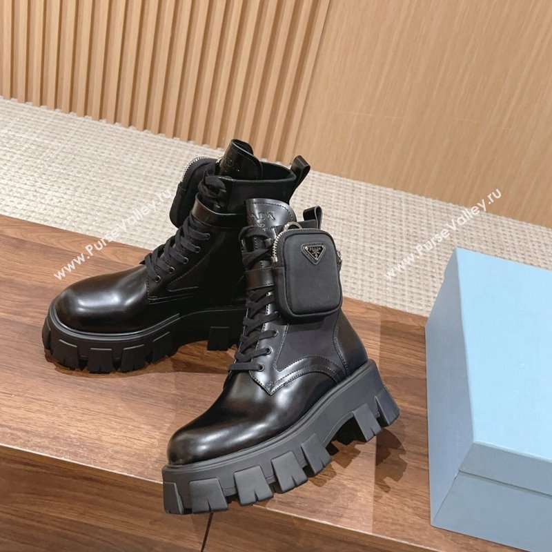 Prada Monolith Brushed Leather and Nylon Platform Ankle Boots with Pouch Black 2024 (KL-241114126)