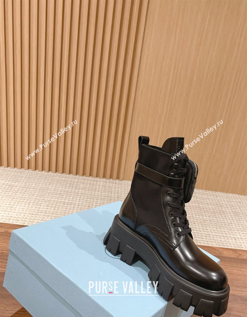 Prada Monolith Brushed Leather and Nylon Platform Ankle Boots with Pouch Black 2024 (KL-241114126)