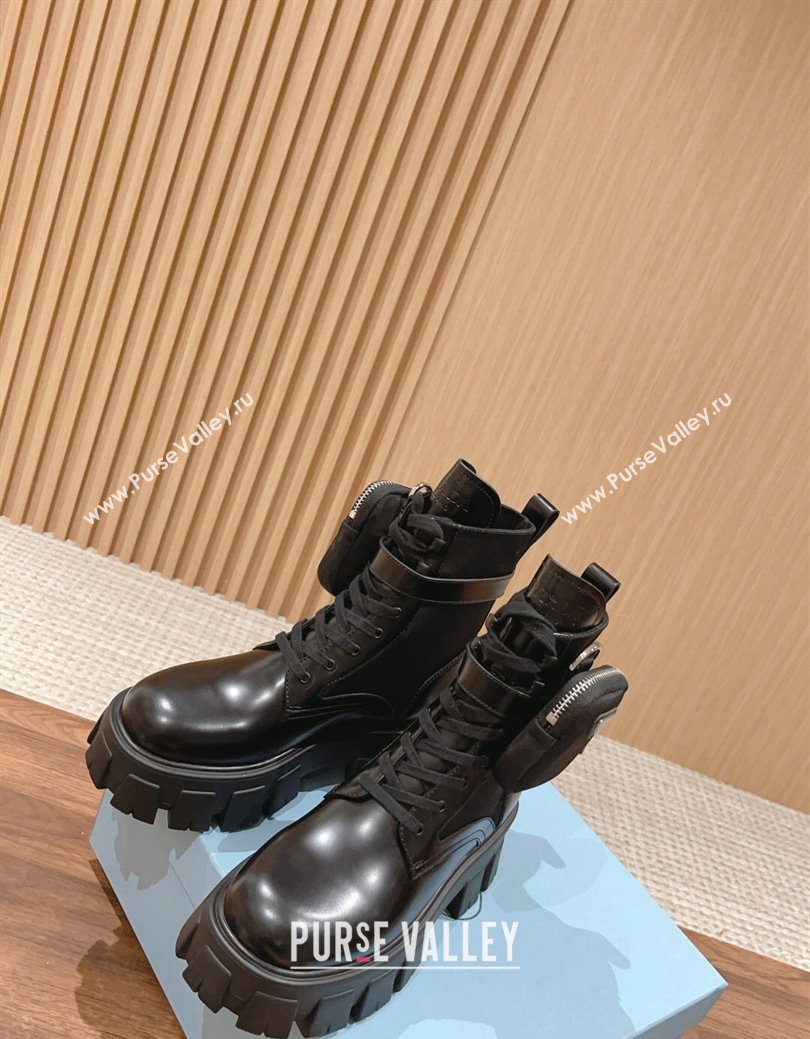 Prada Monolith Brushed Leather and Nylon Platform Ankle Boots with Pouch Black 2024 (KL-241114126)