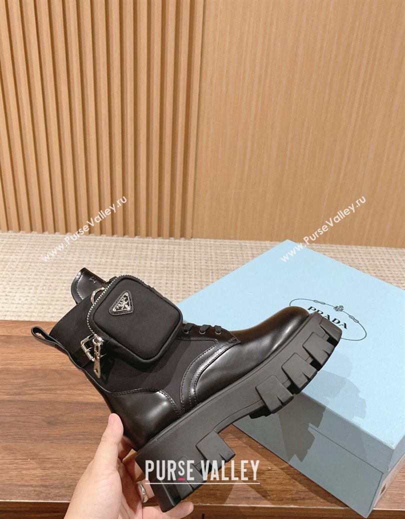 Prada Monolith Brushed Leather and Nylon Platform Ankle Boots with Pouch Black 2024 (KL-241114126)