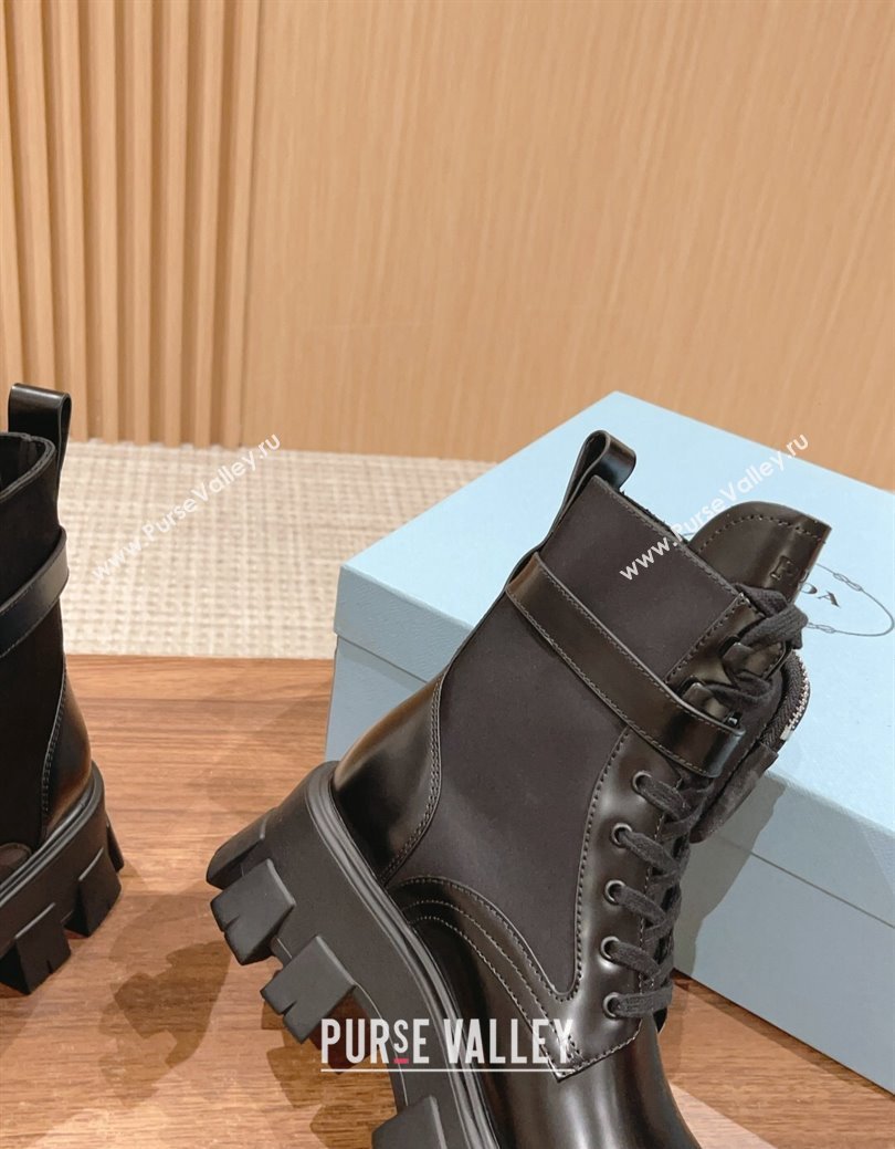 Prada Monolith Brushed Leather and Nylon Platform Ankle Boots with Pouch Black 2024 (KL-241114126)