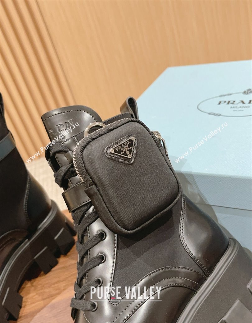 Prada Monolith Brushed Leather and Nylon Platform Ankle Boots with Pouch Black 2024 (KL-241114126)