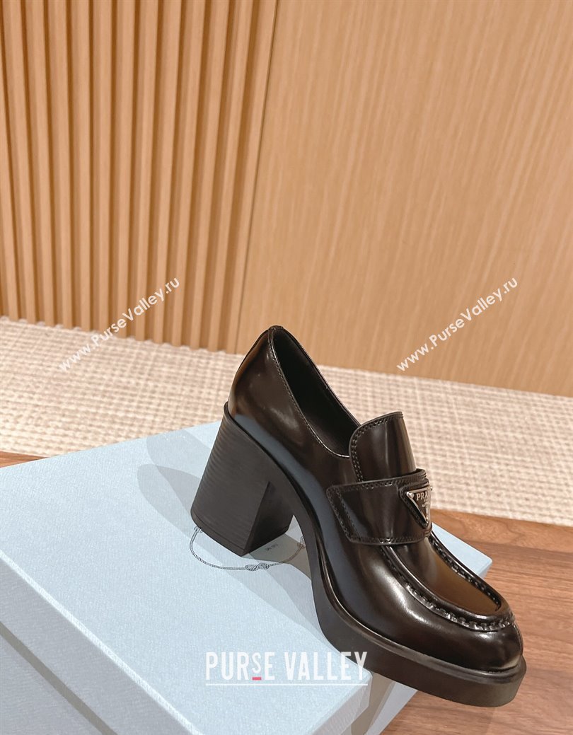 Prada Chocolate Brushed Leather Loafers Pumps 7.5cm Black 2024 PR111502 (KL-241115007)