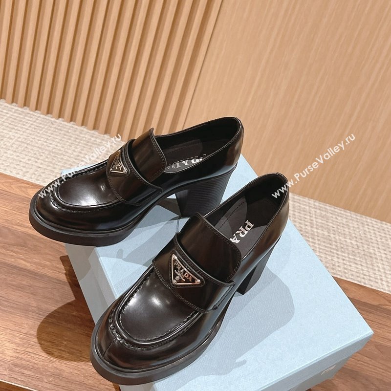 Prada Chocolate Brushed Leather Loafers Pumps 7.5cm Black 2024 PR111502 (KL-241115007)