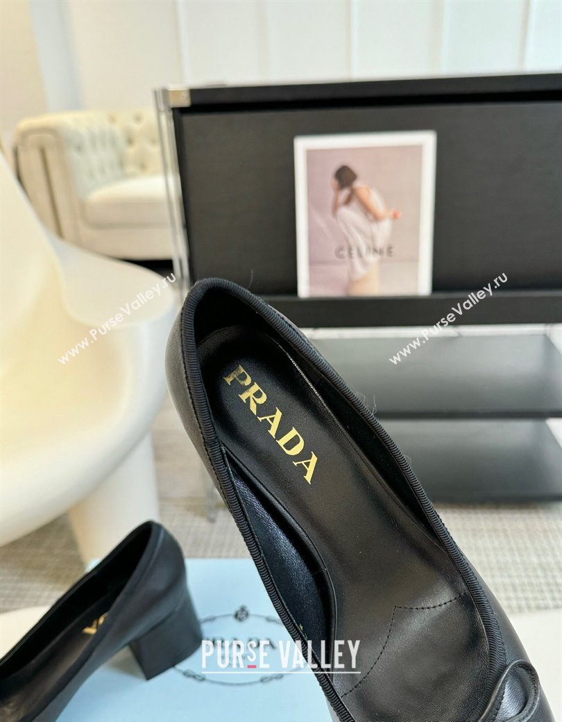 Prada Calf Leather Pumps with Bow and Logo Black 2024 PR111503 (KL-241115013)