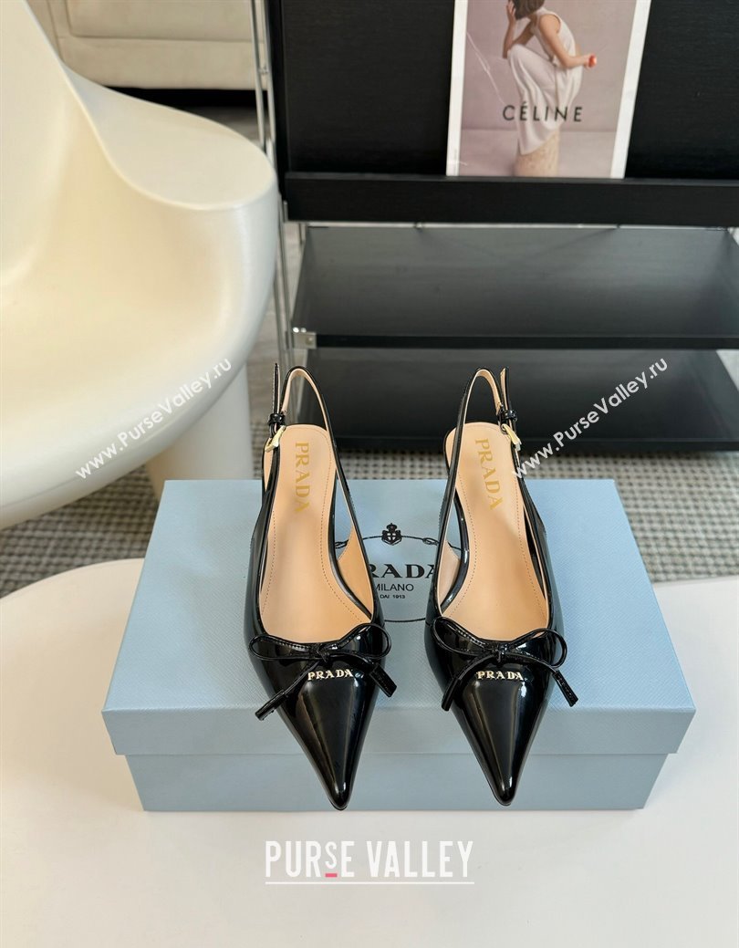 Prada Patent Leather Slingbacks Pumps with Bow Black 2024 PR111504 (KL-241115015)