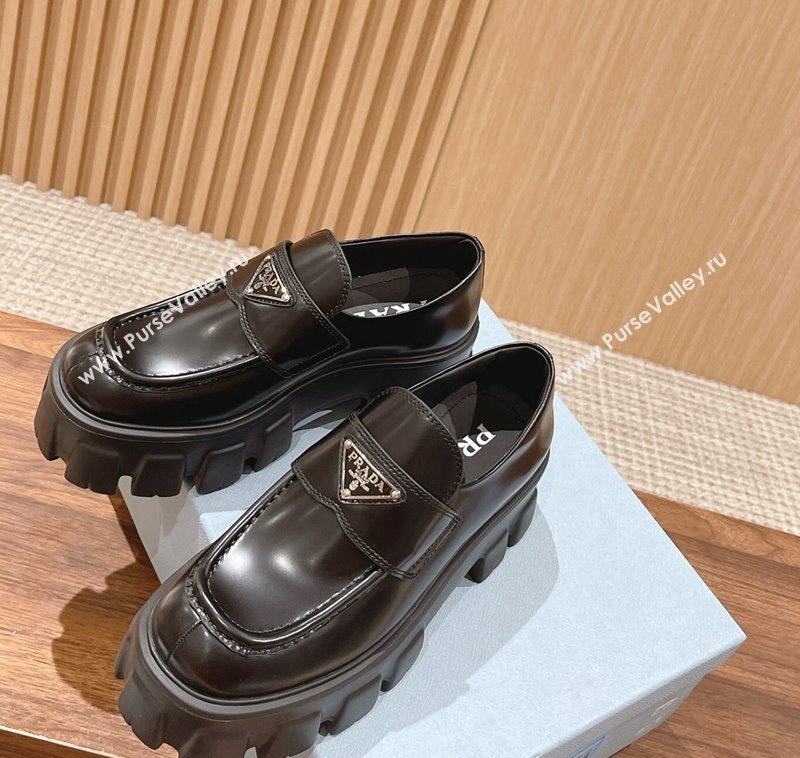 Prada Monolith Brushed Leather Platform Loafers Black 2024 PR111401 (KL-241114118)