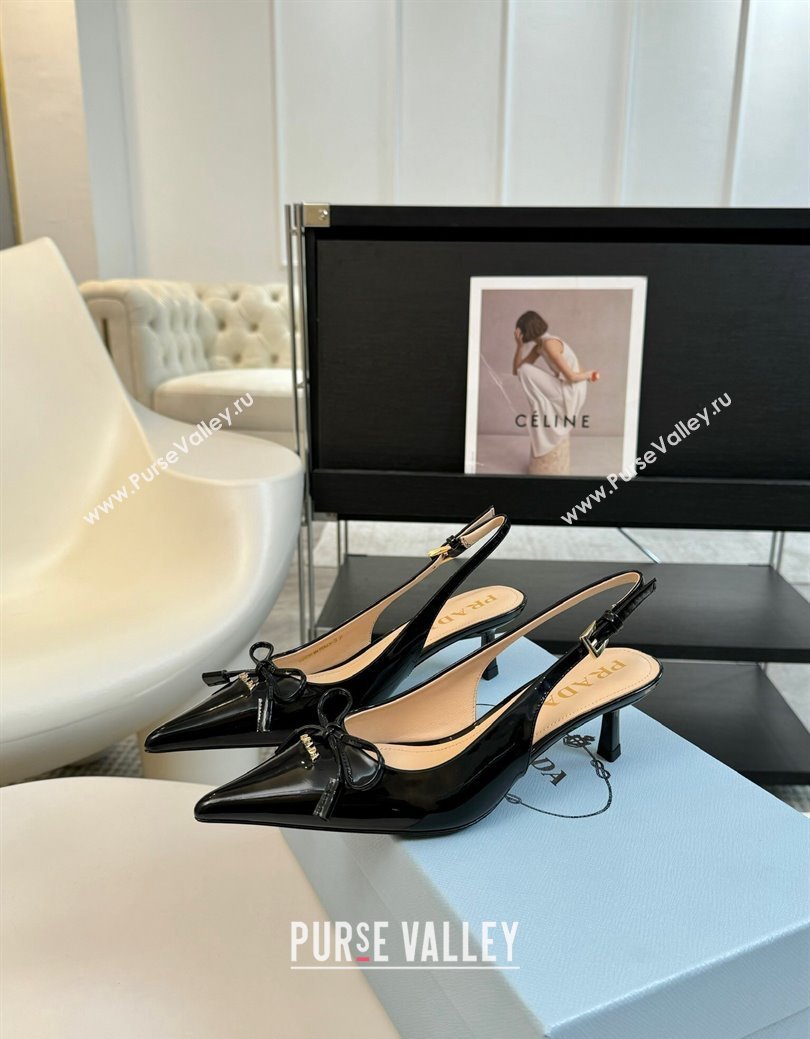 Prada Patent Leather Slingbacks Pumps with Bow Black 2024 PR111504 (KL-241115015)