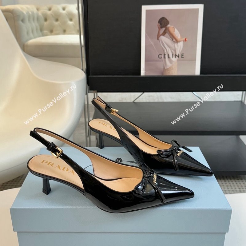 Prada Patent Leather Slingbacks Pumps with Bow Black 2024 PR111504 (KL-241115015)