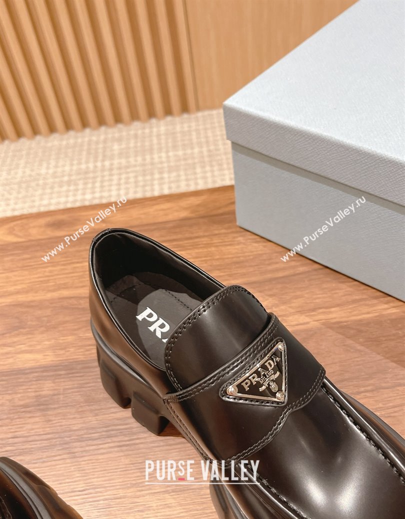 Prada Monolith Brushed Leather Platform Loafers Black 2024 PR111401 (KL-241114118)