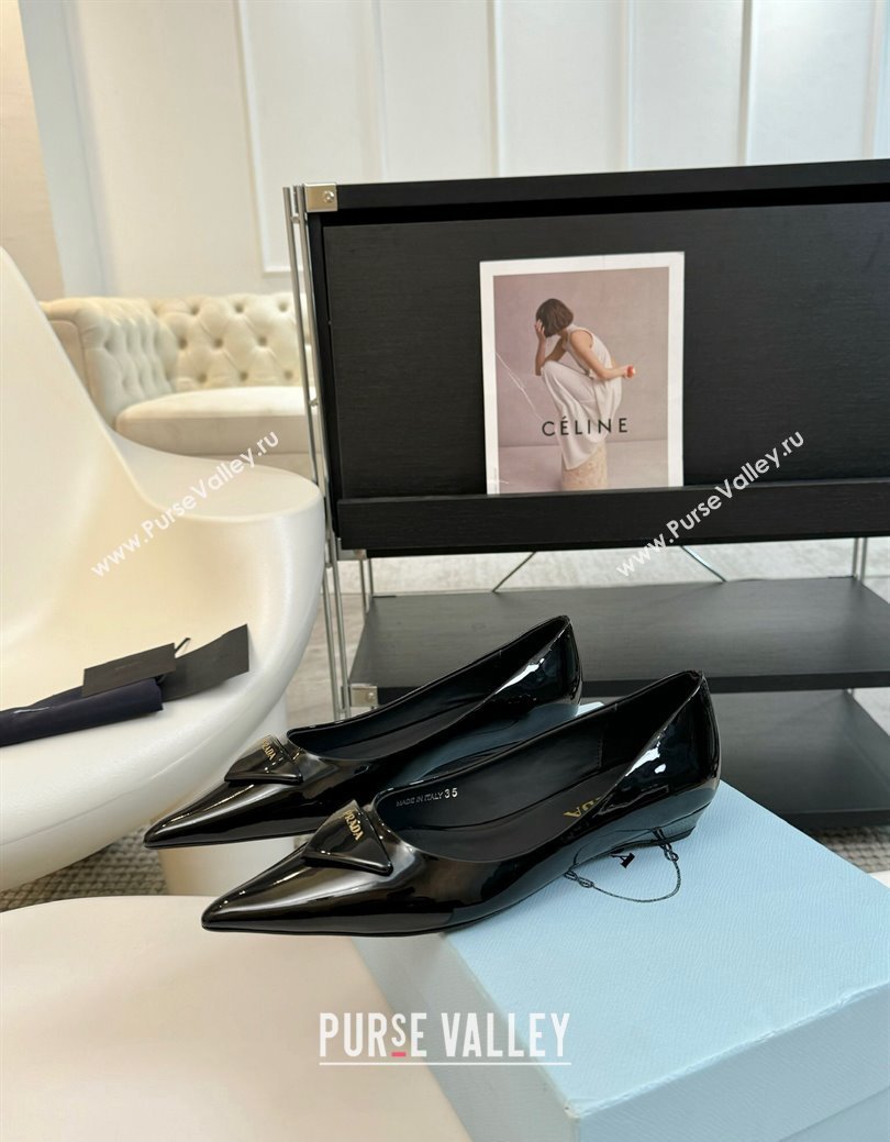 Prada Patent Leather Pointed Ballerinas Flat Black 2024 PR111505 (KL-241115018)