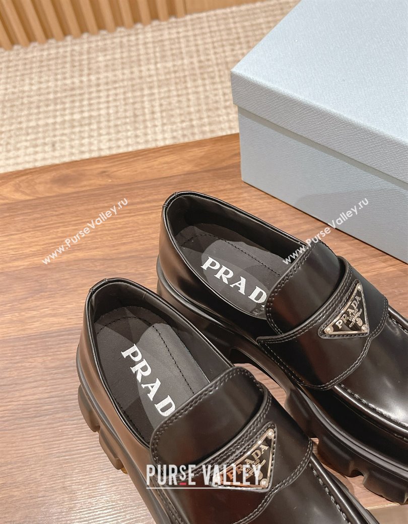 Prada Monolith Brushed Leather Platform Loafers Black 2024 PR111401 (KL-241114118)