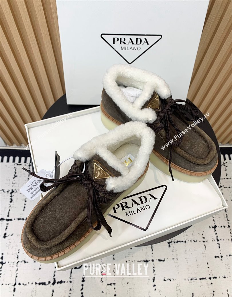 Prada Suede Wool Laced up Ankle Boots 5cm Khaki Grey 2024 PR090403 (KER-241115021)