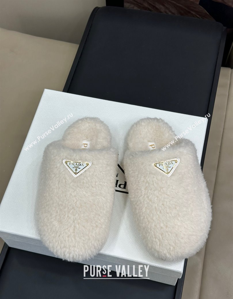 Prada Shearling Wool Flat Mules White 2024 PR111506 (SS-241115028)