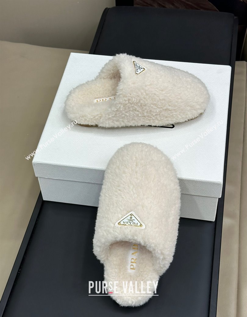 Prada Shearling Wool Flat Mules White 2024 PR111506 (SS-241115028)