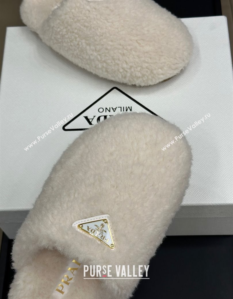 Prada Shearling Wool Flat Mules White 2024 PR111506 (SS-241115028)