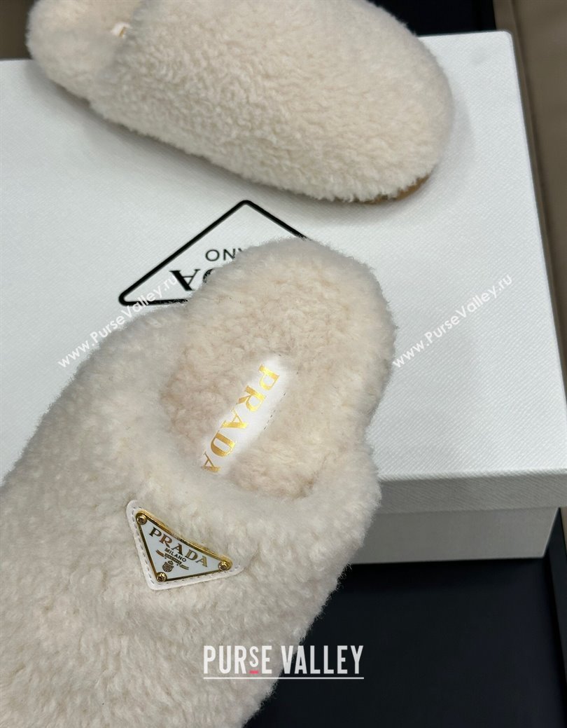 Prada Shearling Wool Flat Mules White 2024 PR111506 (SS-241115028)