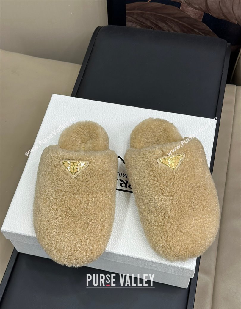 Prada Shearling Wool Flat Mules Beige 2024 PR111506 (SS-241115029)